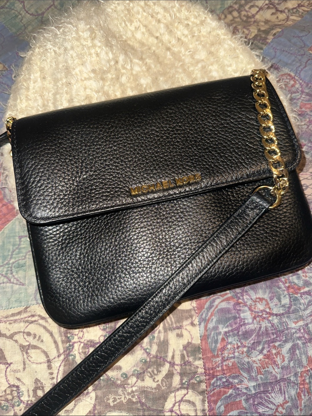 Michael Kors Black Pebbled Leather Crossbody with Gold Chain Accent